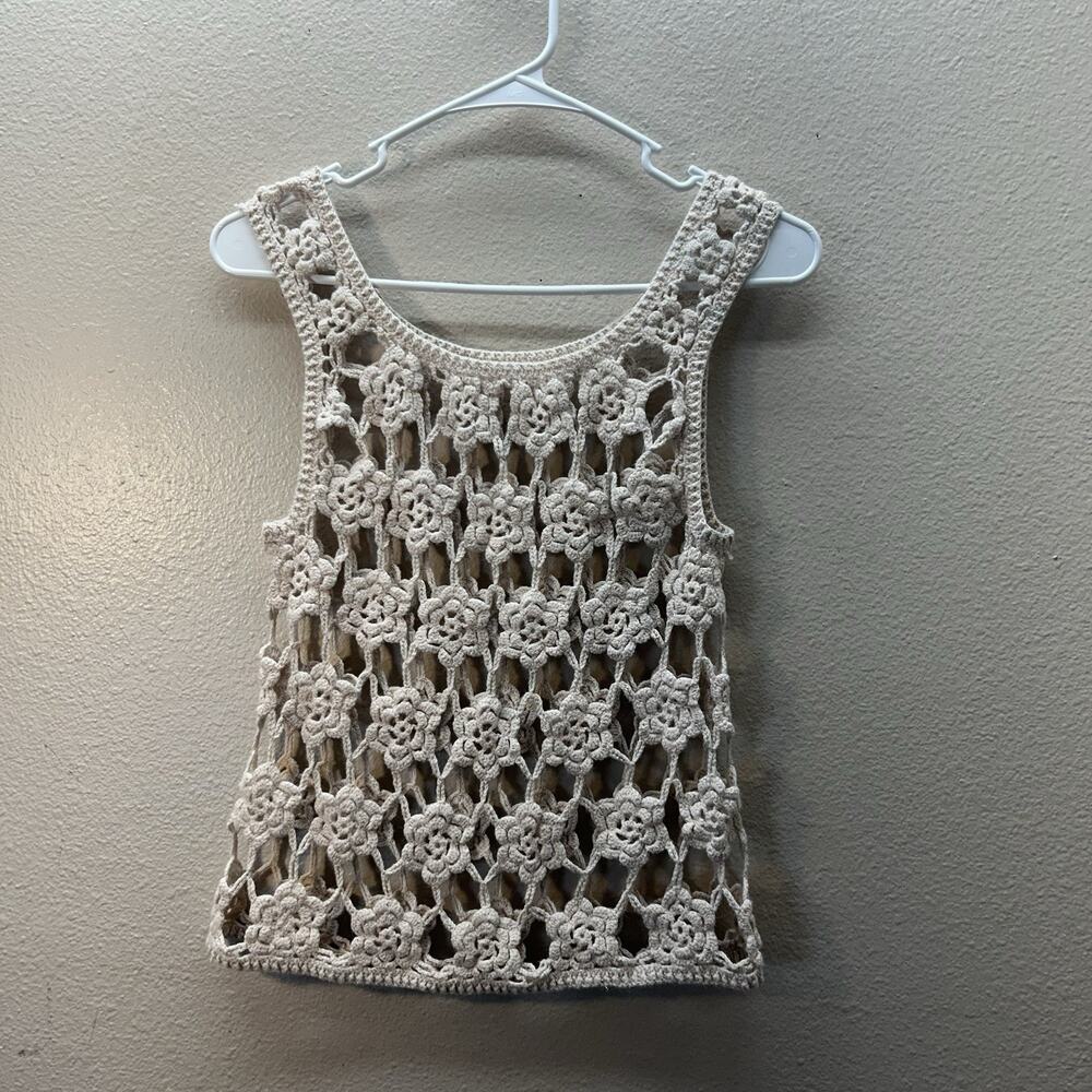 Y2K Women's Floral Crochet Overlay‎ Tank Top Tan Sz. S Beachy Boho Summer Knit